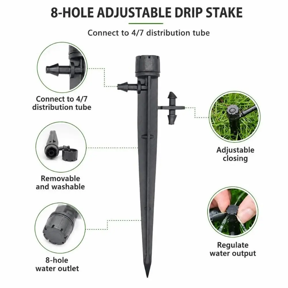 50PCS Plastic irrigation drippers on stake Black 13 cm irrigation dripper Easy To Install 8 hole outlet drip irrigation emitter