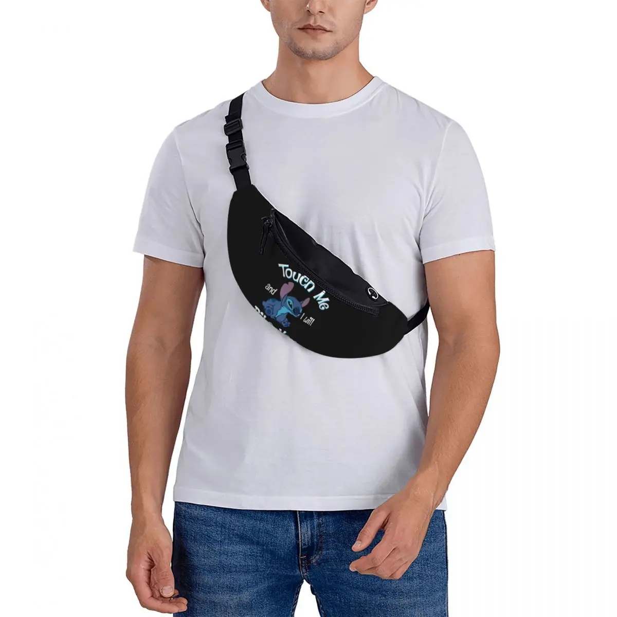 Custom Stitch Anime Fanny Pack Men Women Cool Touch Me I Will Bite You Crossbody Waist Bag for Traveling Phone Money Pouch