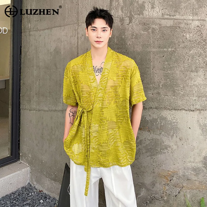 

LUZHEN 2026 Summer New Stylish Embroidery Pattern Perspective V Neck Short Sleeve Shirt Men's Original Chinese Style Tops JY6276