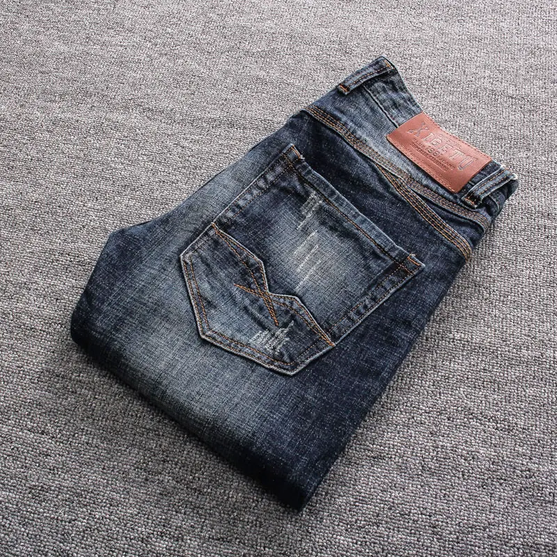 Italian Style Fashion Men Jeans Retro Blue Slim Fit Ripped Jeans Men Stretch Trousers Vintage Designer Casual Denim Pants Hombre