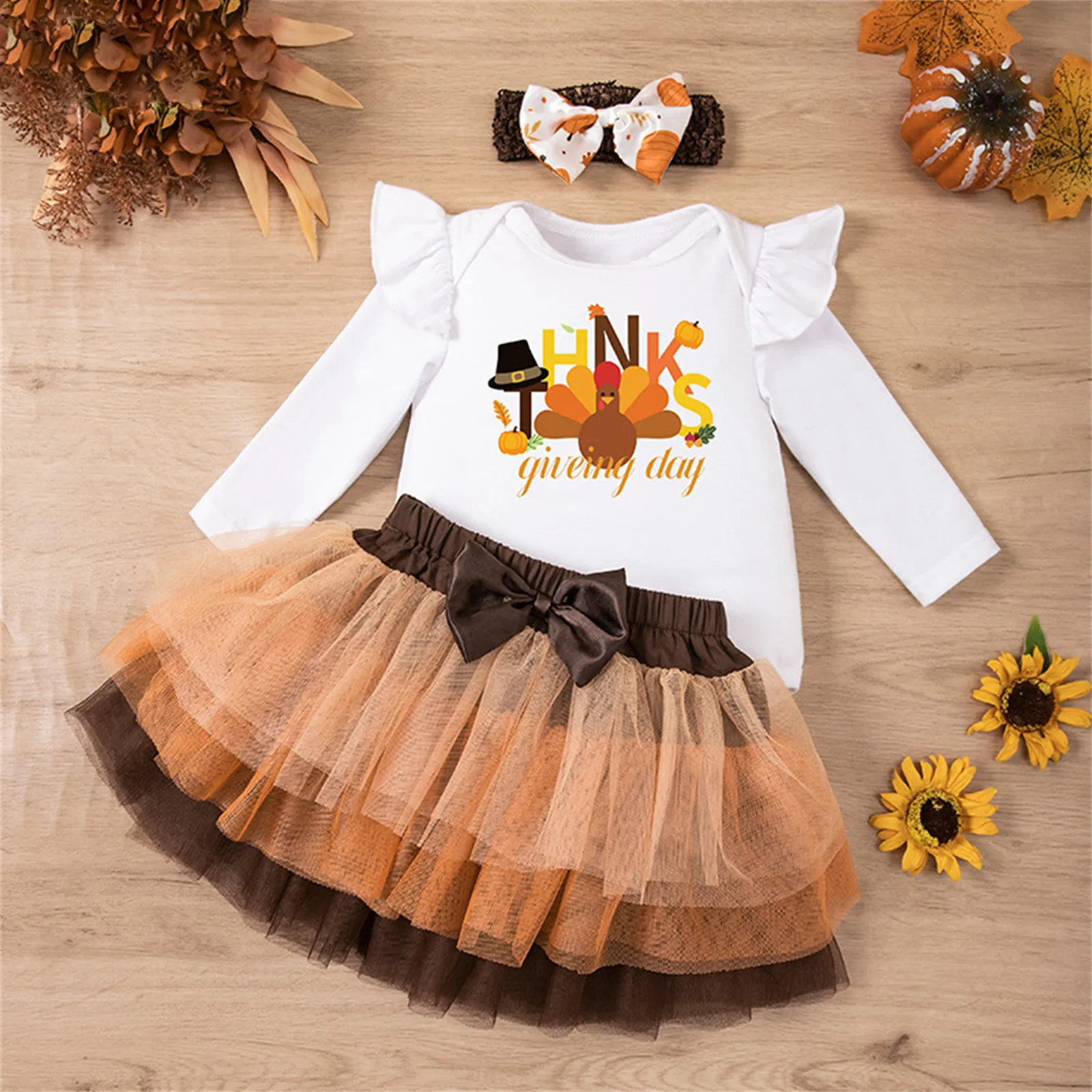 9 12 18 24Months Newborn Infant Baby Girls Clothes Sets Thanksgiving Outfit Bodysuit+Tutu Skirt+Headband Set Baby Girl Clothes