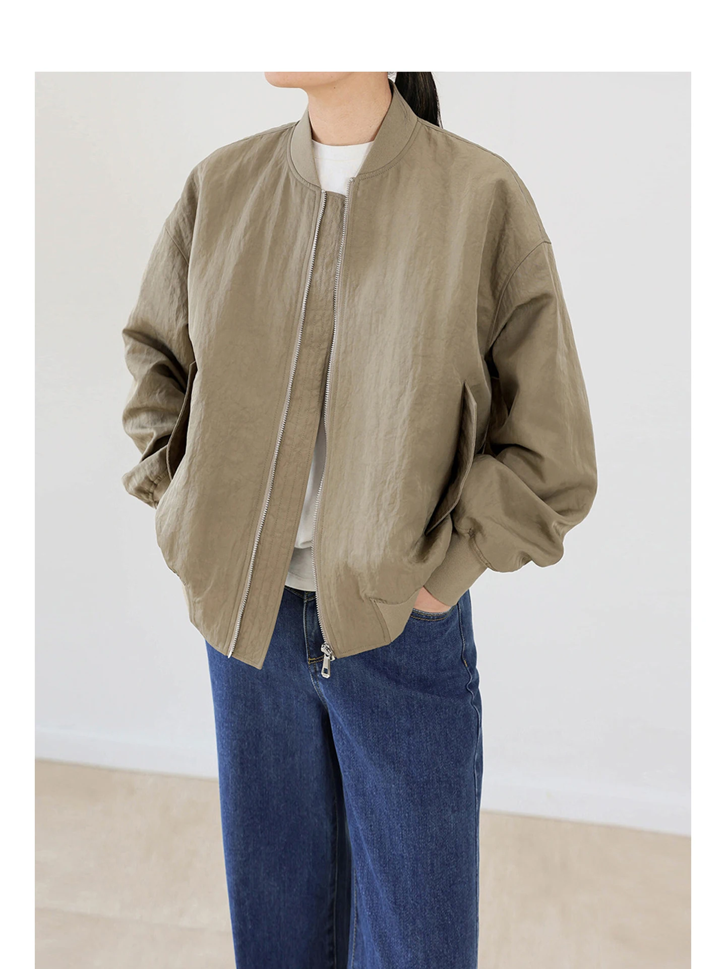 

Casual Style Nylon Puffer Jacket Women's Spring Fashion Baseball Coat Loose Fit Long Sleeve Stand Collar Outerwear