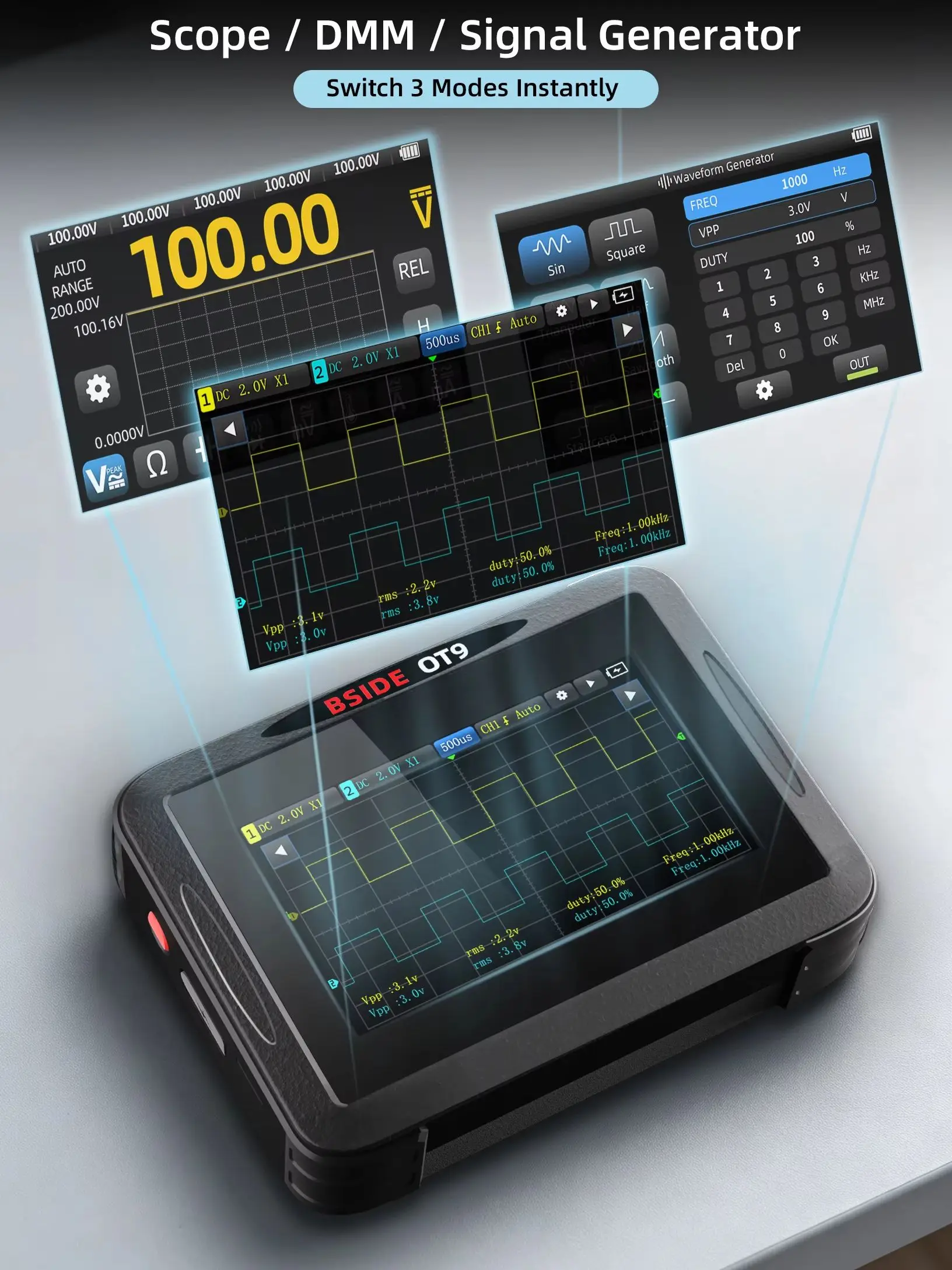 BSIDE NEUES 50MHz Digitales Oszilloskop-Multimeter 4-IN-1 Dual-Kanal 50MHz Bandbreite AC DC Spannung Strom OHM Multifunktionsmessgerät