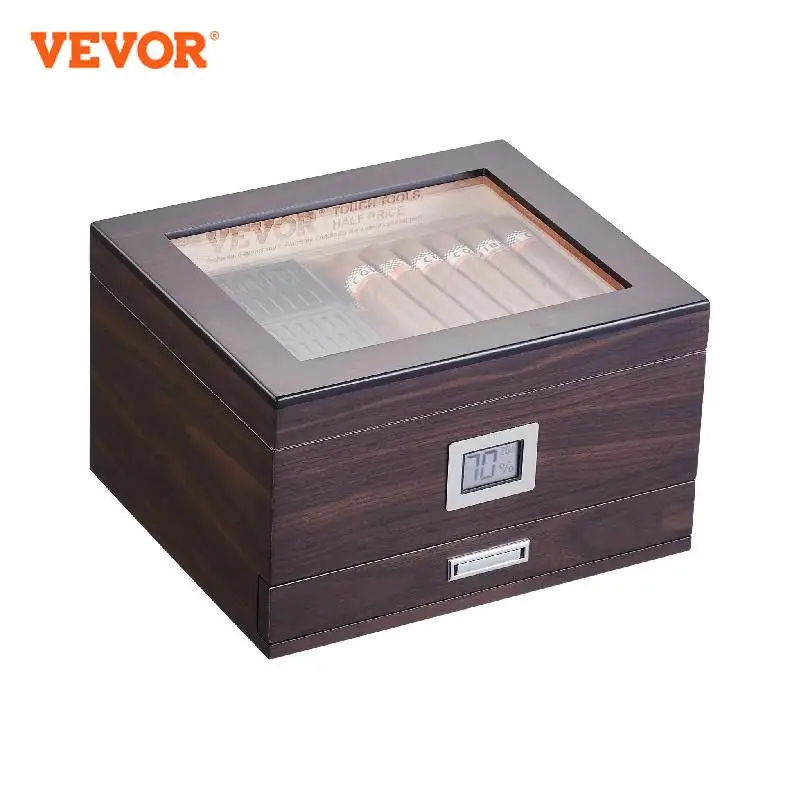 VEVOR Cigar Humidor Glass Top Cigar Humidor Box Handmade Spanish Cedar Wood Cigar Desktop Box Cigar Storage Case 30-50 Cigars