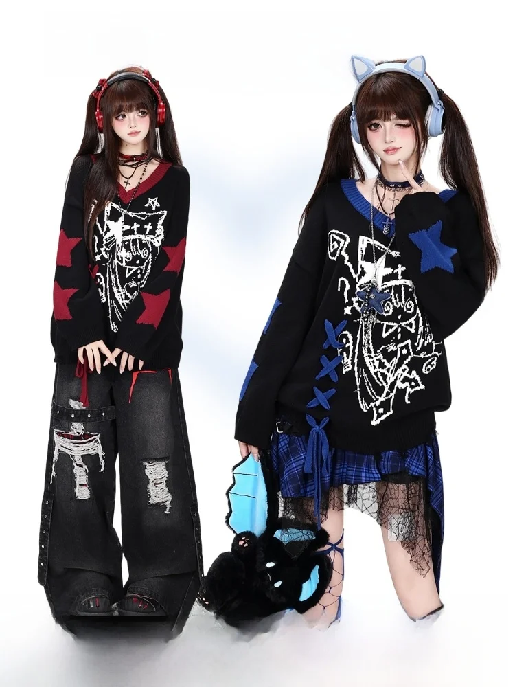 Crazygirl Original Moe Failure Oversized Knitted Sweater Women's V-Neck Tie Dye Thick Long Sleeve Casual Gothic Style