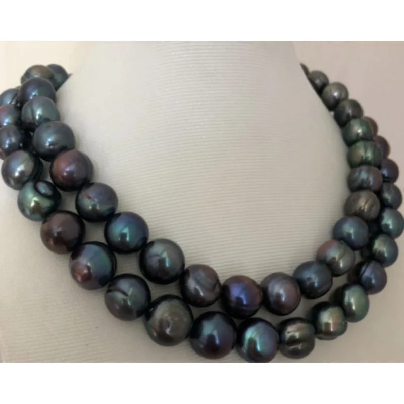 Double-strand AAA + 10-11mm Tahitian Black Women's Pearl Necklace 14K Clip 18-20 In