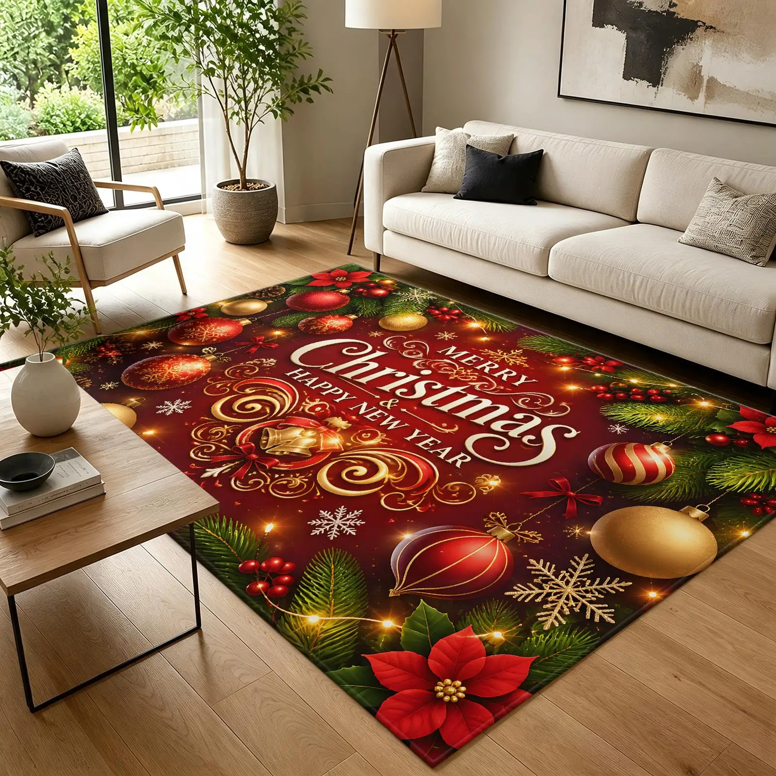 1pc 2D Flat Merry Christmas Bauble Poinsettia Printed Floor Mat, Decorative Rug for Living Room, Bedroom, Home
