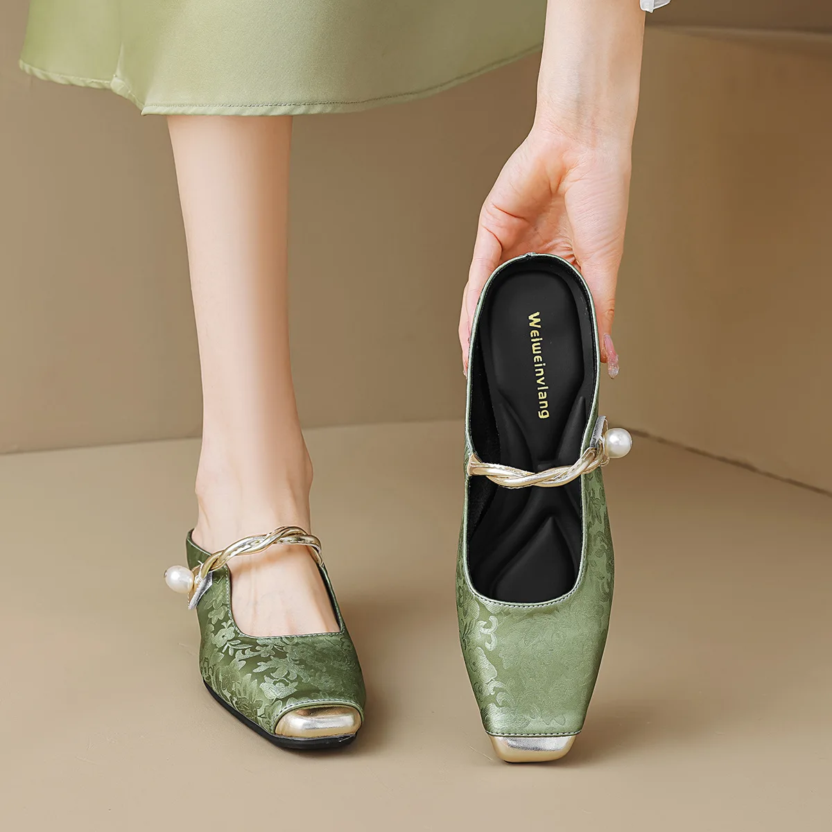 

Gorasion Mid-heel Pumps Women Pointed Toe Square Heel Slingbacks Pumps Chinese Slip-on Slippers Summer Women's Shoes Handmade