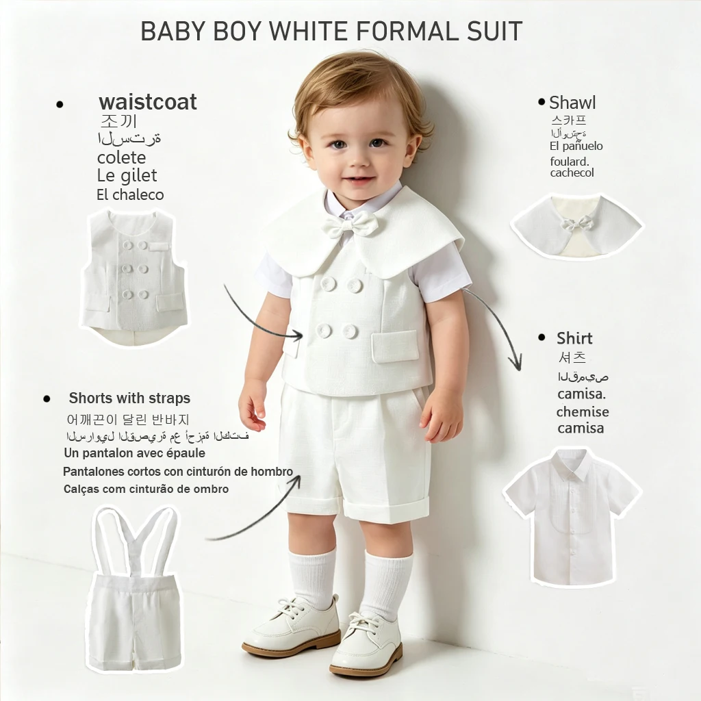 Premium Toddler Boy White Suit 4PCS Vest Set Kids Baptism Christening Outfit Wedding Birthday Ring Bearer Gentleman Costume