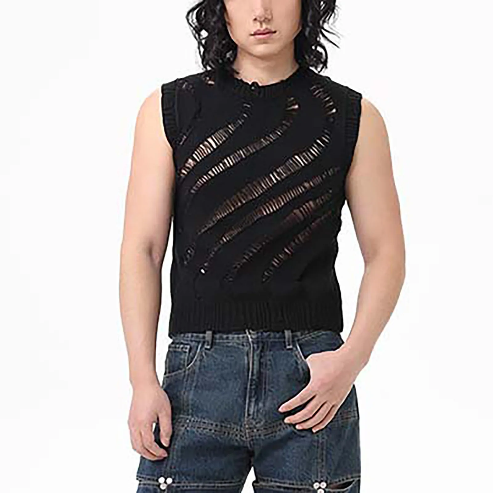 تي شيرت الخامس الرقبة الرجال رقيقة نوع سترة صافي سترة الرجال سترة فضفاضة الأبيض رقيقة نمط الجوف خارج العين قمصان رجالي كم طويل عادية #1