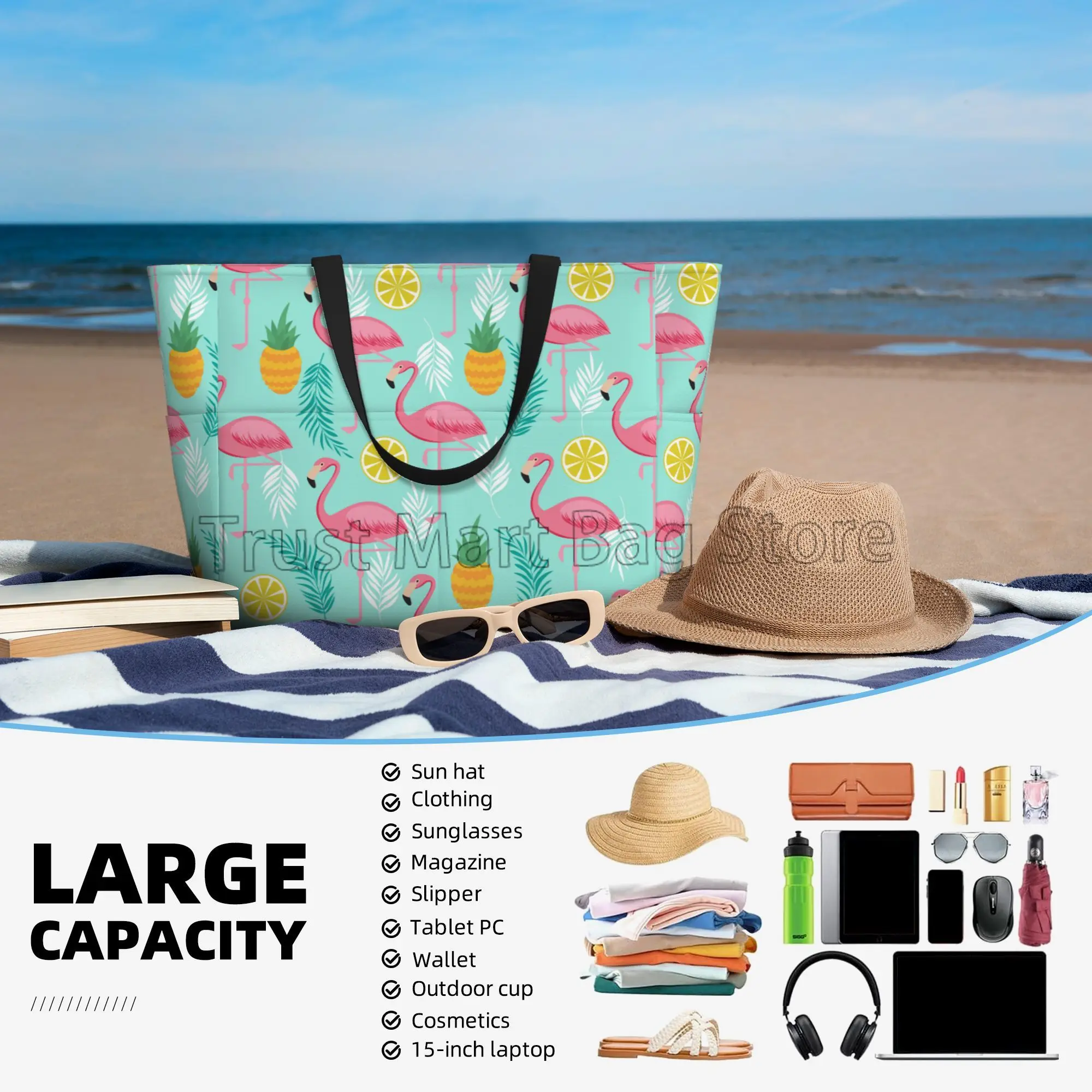 Grand sac fourre-tout de plage imprimé flamant rose pour femme, sac de voyage portable, étanche, sac de piscine anti-sable pour la natation, la salle de sport, l'épicerie, les vacances