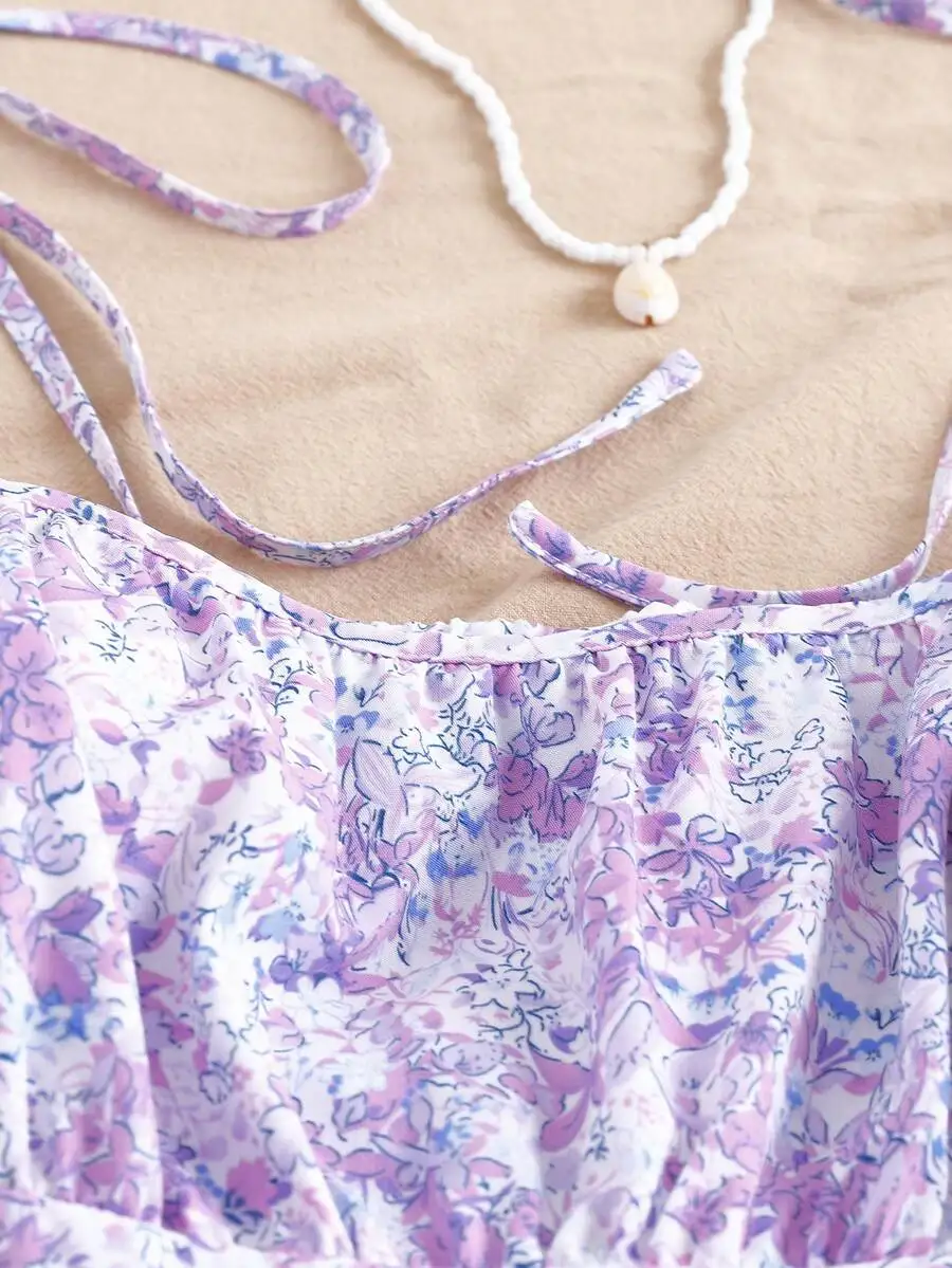 

Off Shoulder Floral Print Mini Dress With Lace Trim Puff Sleeve Summer Casual Elegant Women Dress