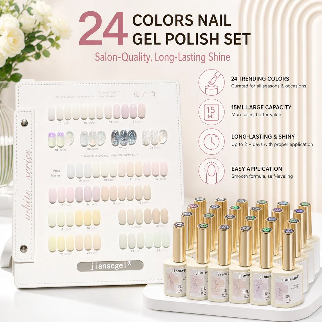

24pcs Gel Nail Polish Set 15ml Colorful White Glass Bottle Manicure Kit Semi-Permanent Nail Art Varnish for Professional Use