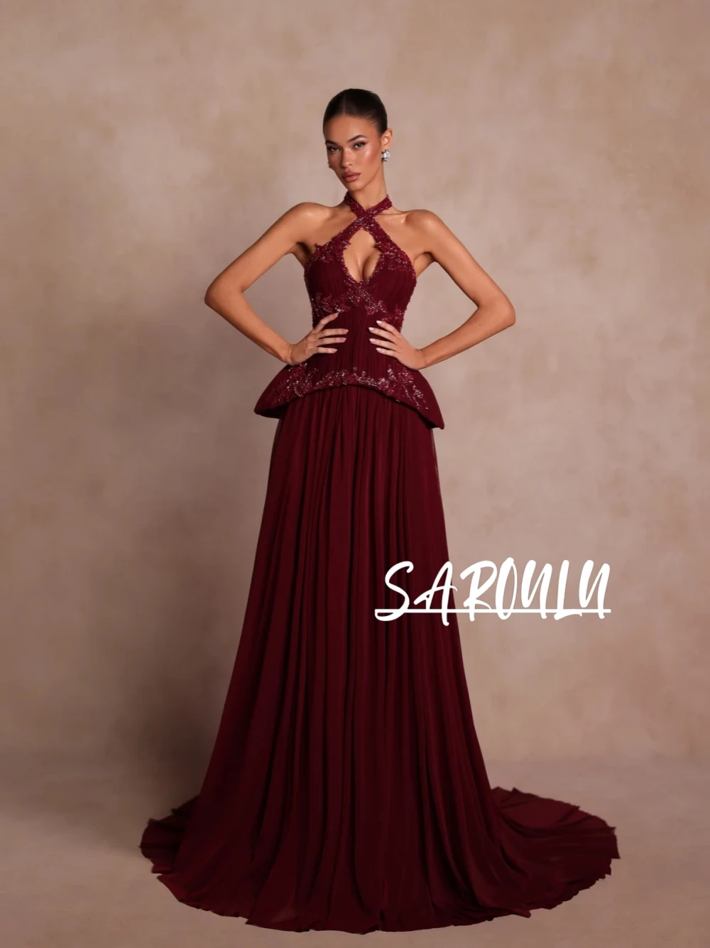 

Burgundy Halter Beaded Evening Gown With Peplum Beautiful Sexy Deep V Neck Chiffon Maxi Party Dress For Women Prom Wedding Guest