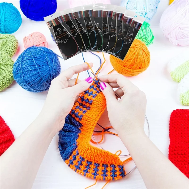 

AEE3-9 шт. Набор круговых спиц, вязальные спицы из нержавеющей стали 40 дюймов (100 см), 9 размеров для начинающих, вязальные спицы