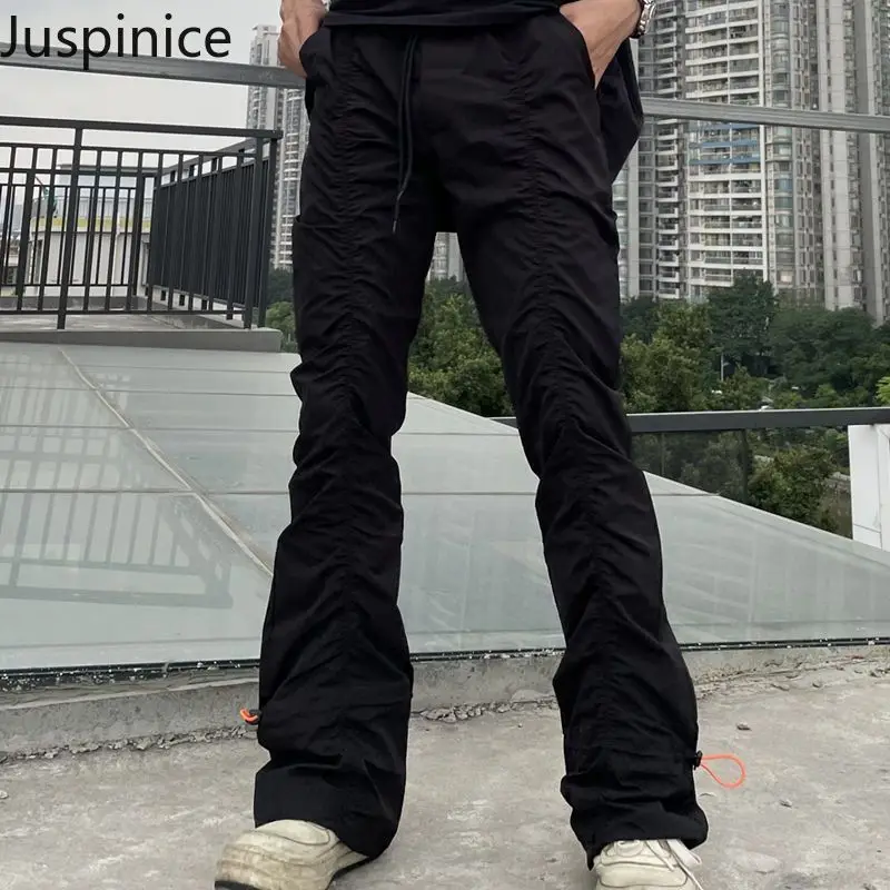 

Spring Autumn Drawstring High Street Pleated Pants Men's Personalized Slim Straight Casual Pant Men Trousers Male Clothes