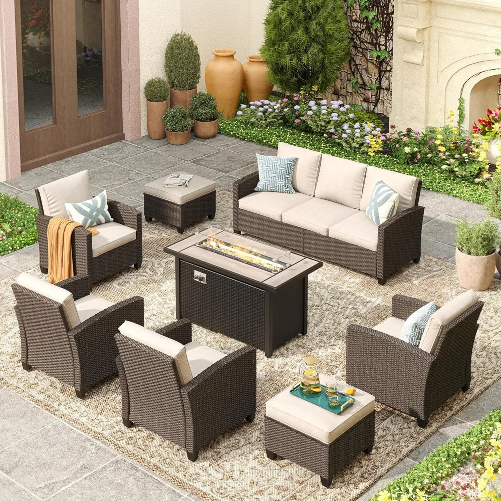 

8 Pieces Wicker Patio Furniture Set with Fire Pit Table 45" Ceramic Top, 3-Seat Sofa, 4 Single Chairs, 2 Ottomans