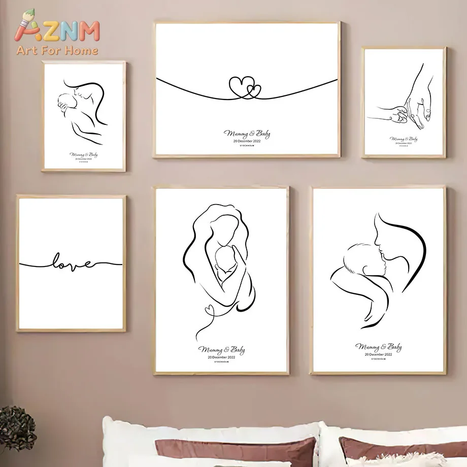 AZNM Frameless Canvas Poster Minimalist Line Art Print, Mother And Baby Love Sketch Custom Date Wall Art Picture for Nursery Fam