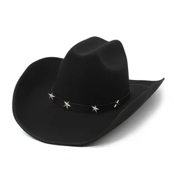 Retro Stars Leather Belt Imitation Cashmere Women Men Large Wide Brim Yellowstone Cowboy Western Hat Cowgirl Cap  (56-59cm)