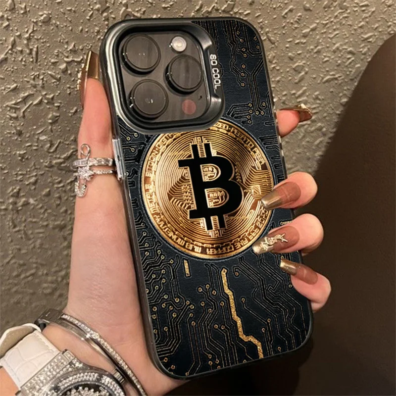 Luxury Bitcoin For iPhone Case 16 15 14 13 12 11 Pro XR XS Max 7 8 Plus Phone Electroplate Colored Silver IMD Shockproof Cover