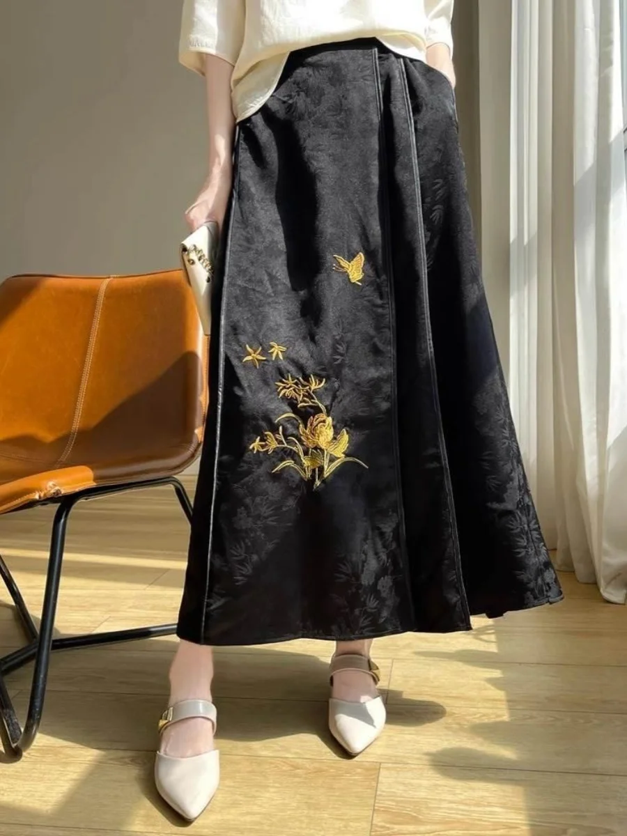 

Новая китайская вышитая тяжелая рабочая асимметричная длинная юбка с высокой талией Dra Face, национальная юбка с цветочным принтом