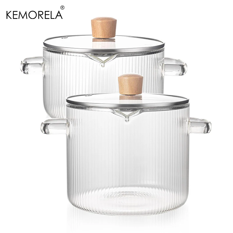 KEMORELA 1/2PCS Cooking Pan Simmer Heat Resistant Clear 1.8/2.3 L Saucepan with Cover Handle Pan with Lid for Pasta Salad Noodle