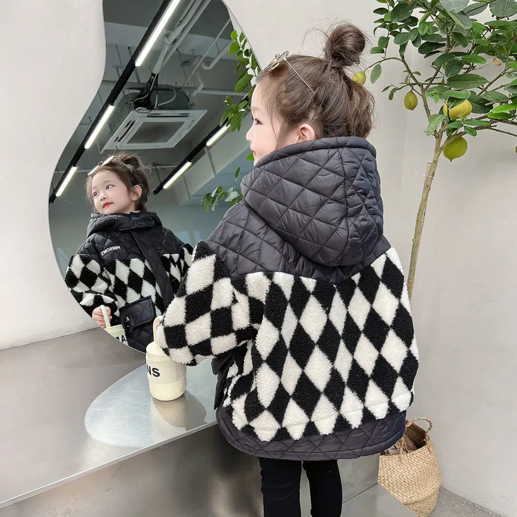 2-9 Years Girls' Stylish Black Puffer Coat with Argyle Design, Hooded  Winter Jacket, Warm & Fashionable Kids' Outerwear