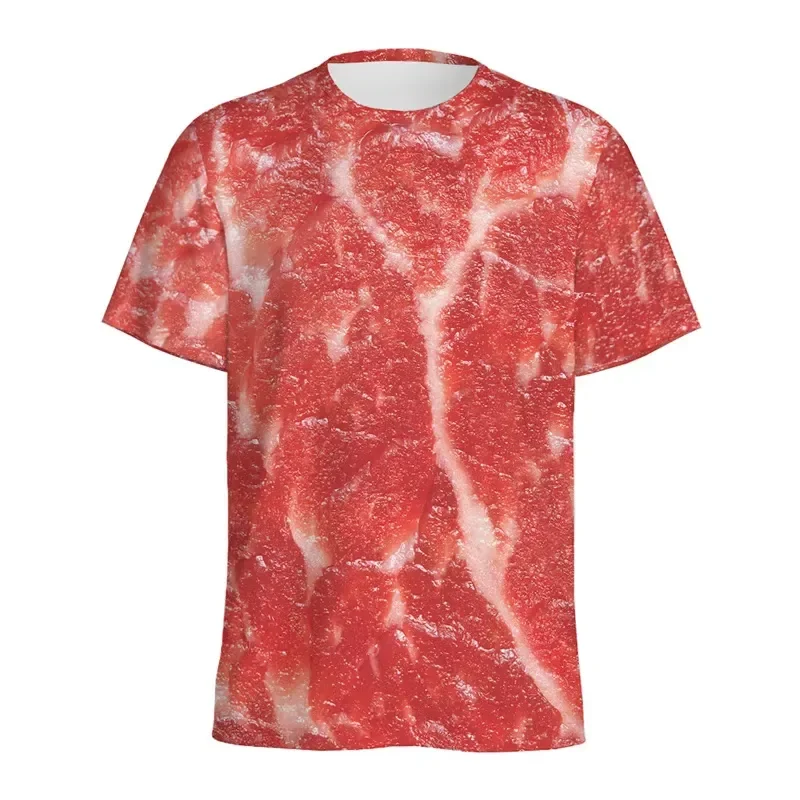 2026 Creative 3D printed men's short sleeve T-shirt featuring fresh beef lamb and salmon patterns designed for outdoor sports