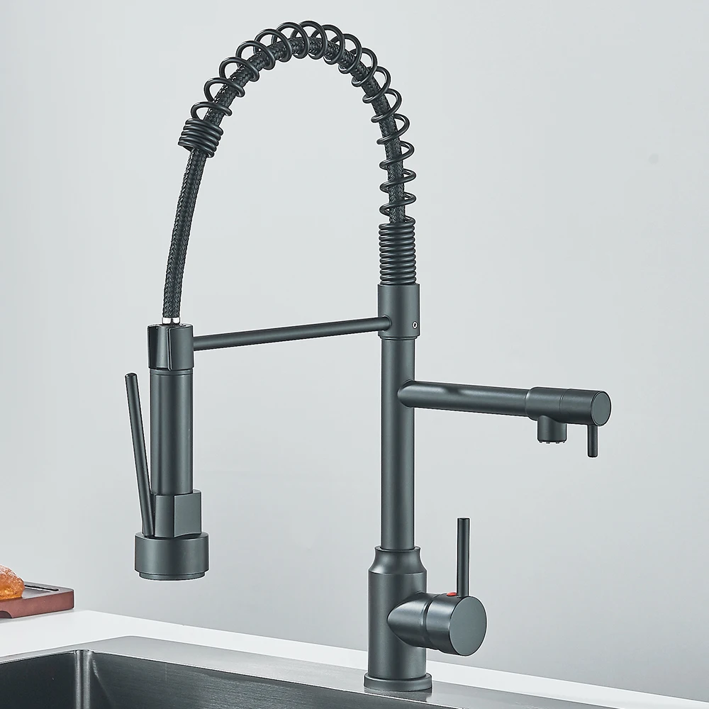 Pull Down Spring Keuken Kraan Enkele Hendel Warm Koud Mixer Water Voor Gootsteen Dubbele Uitloop Mondstuk Kranen Kraan