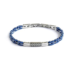 Runda Men's Blue Ceramic Bracelet 21cm Adjustable with White Zircon Inlay Handmade Link Chain Wristband Accessory