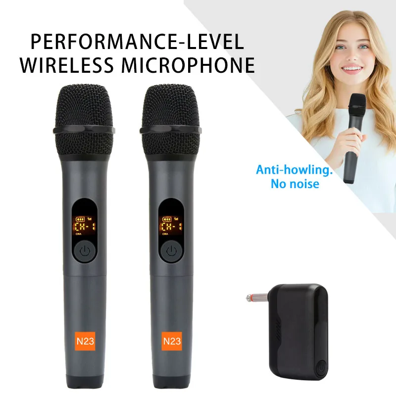 UHF wireless microphone with dual channel receiver wireless dual microphone system, black lightweight portable microphone