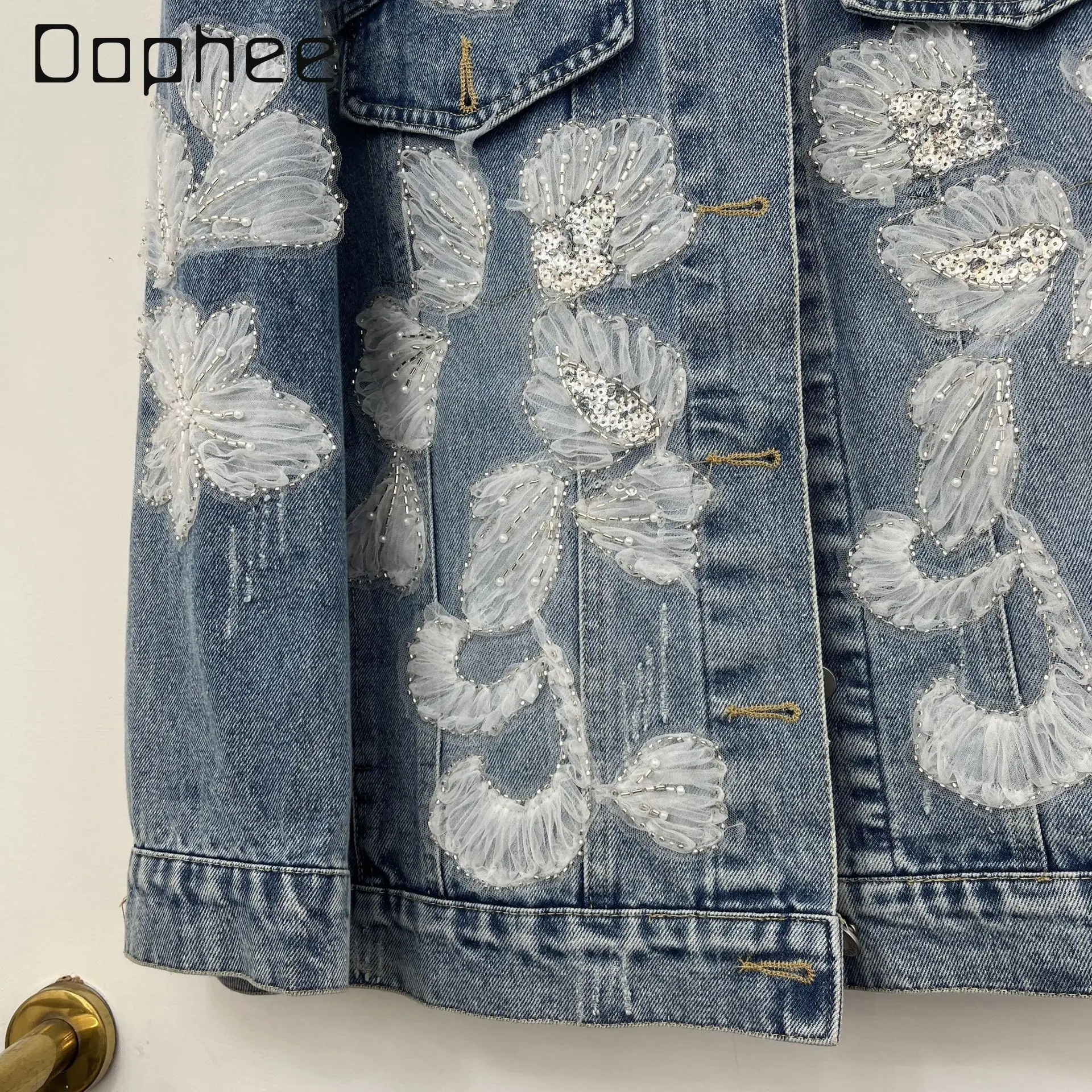 Spring Autumn European Street Trend Sequined Beads Flower Splicing Color Lapel Long-sleeved Denim Jacket Loose Casual Jackets