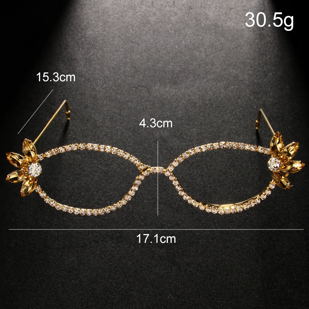 Fashion Yellow Crystal Flower Sunglasses Frame Face No Lens Party Gift Exquisite Lady Oval Rhinestone Eyewear Frame Prom Jewelry