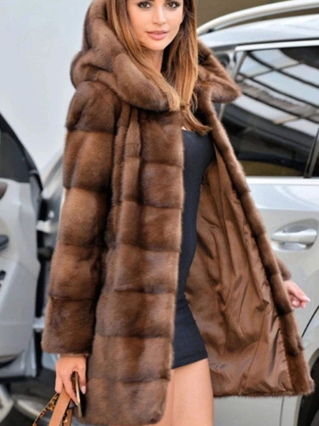 Abrigo de piel sintética de visón para mujer, abrigo con capucha de longitud media, piel de gran tamaño, informal, cálido, suelto para ir al trabajo