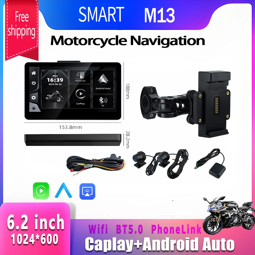 SMART 6.2-inch Quick-release Back Clip Holder Motorcycle DVR Navigator Wireless CarPlay Android Auto Front/Rear 1080P HD Lens