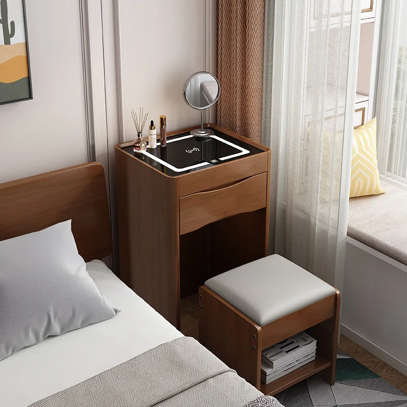 

#Modern Minimalist Solid Wood Bedside Nightstands Multi-Functional Smart Furniture Lighted Mirror Storage