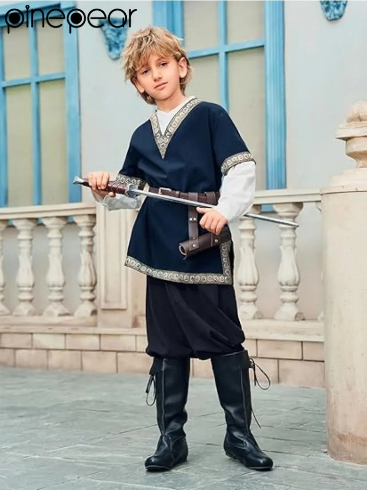 Child Boys Medieval Viking Costume Pirate Shirt Knight Cotton Linen Vintage Tunic Tops Renaissance V Neck Halloween For Kids