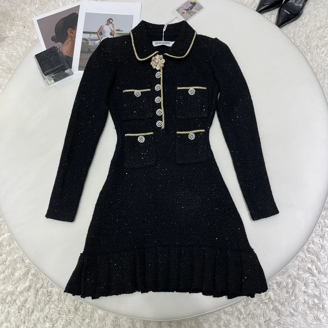 

2024 New Women Long Sleeve Midi Dress Elegant Chic Sweet High Quality Solid Black Turn-down Collar Runway Designer Luxury Tweed