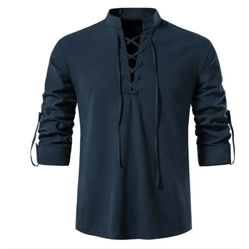 Men's Cotton Linen Henry Shirt Long Sleeve Beach Casual Stand Collar Beachwear European Size Korean Style Male Topwear