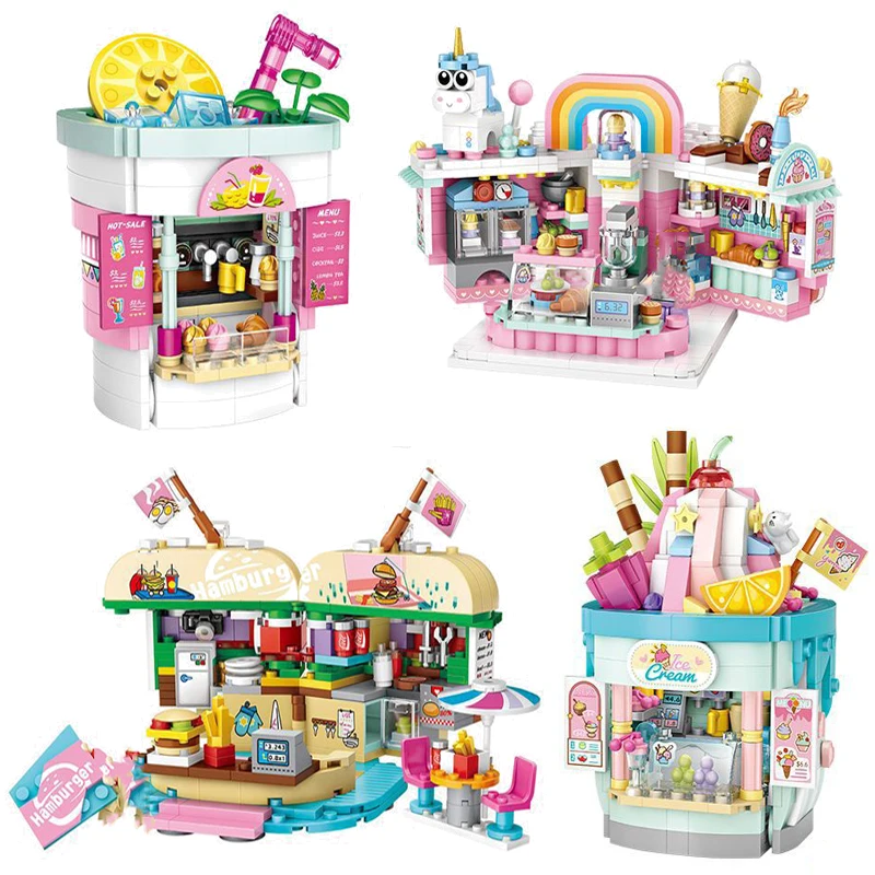 Mini Building Blocks Burger Fries Gourmet Shop Cake Shop City Street View Model Home Decoration Children's Toys Birthday Gifts