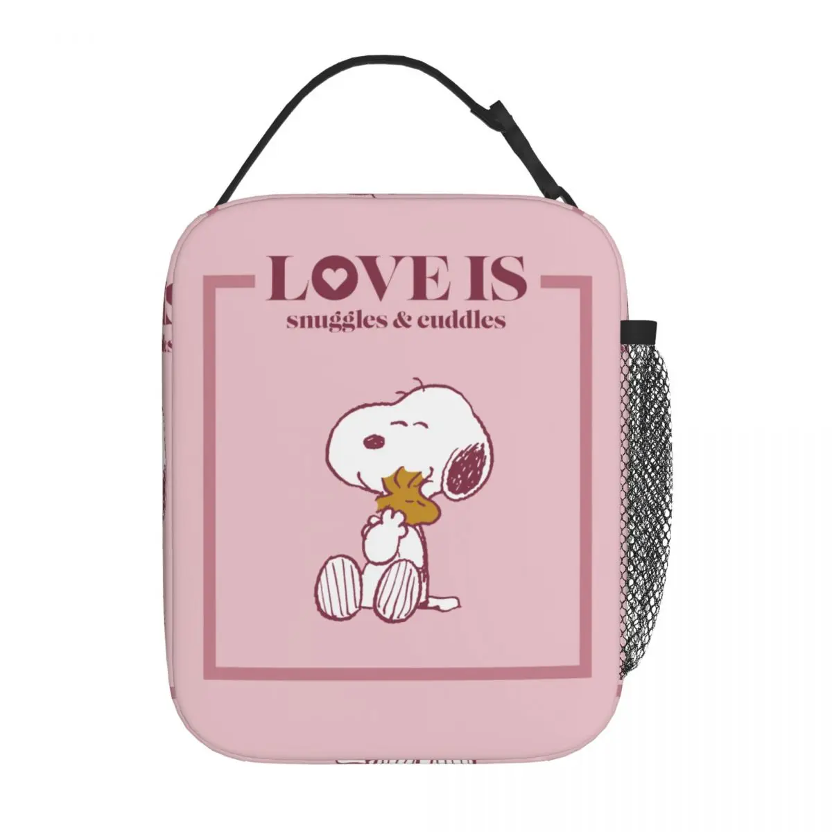 Snoopy Woodstock Pink Love borsa termica per il pranzo borsa termica riutilizzabile portatile Tote Lunch Box per uomo donna College Picnic