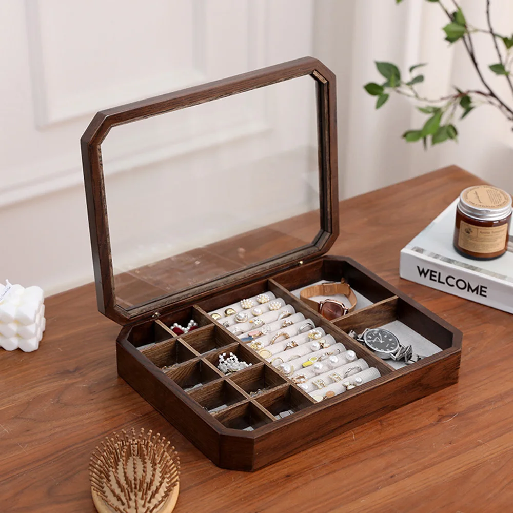 Retro Octagonal Transparent Jewelry Box Oak Earring Necklace Storage Case Bracelet Ring Organization Boxes Design Storage Box image 3