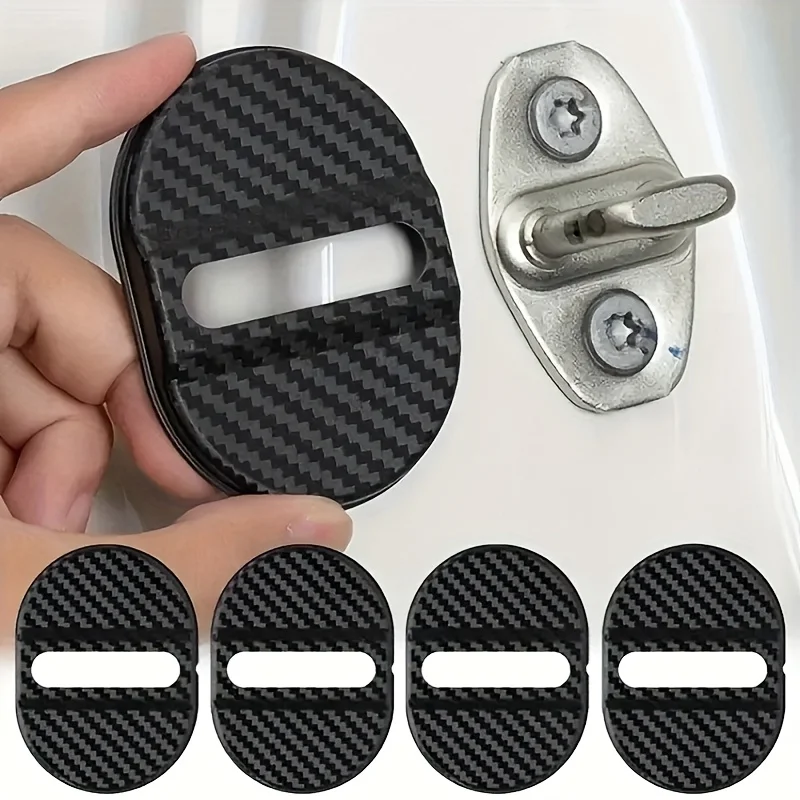 4Pcs Carbon Fiber Door Lock Covers Universal Shock-Absorbing Noise-Reducing Rainproof Easy Peel Stick Fit for Sedans/SUVs