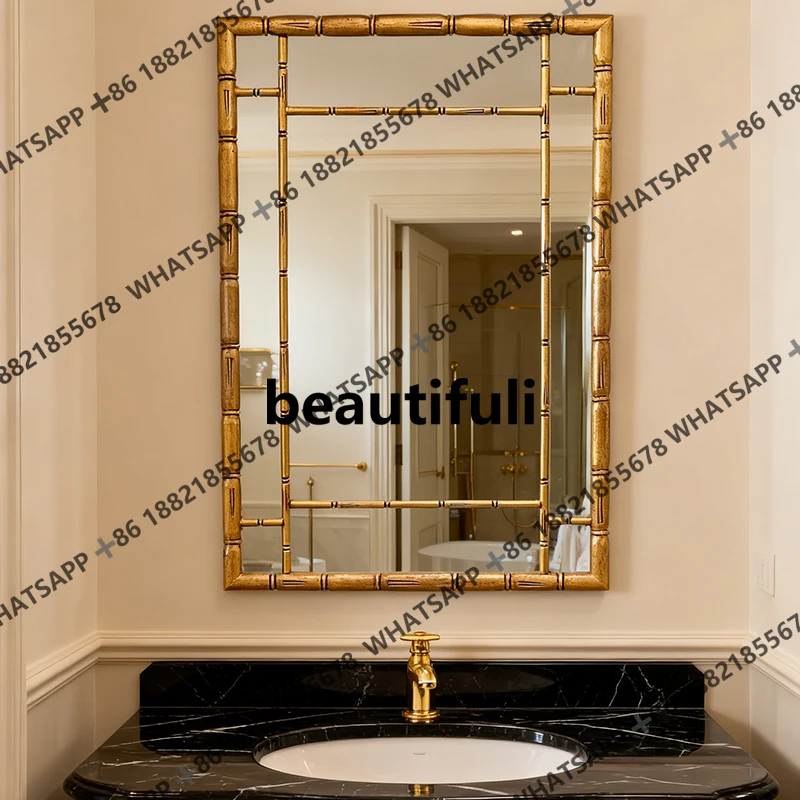 French light luxury bamboo frame bathroom mirror wall-mounted square makeup mirror dining side creative Chinese advanced