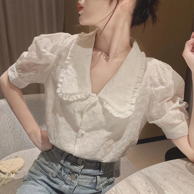 Sweet Cute Blouses Women Summer Korean Elegant Peter Pan Collar Puff Short Sleeve Shirts Office Lady Fashion Loose Casual Tops