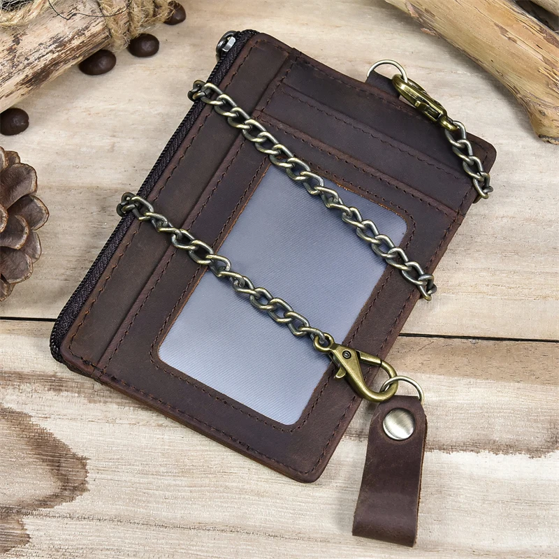 Genuine Leather Card Purse Men Women ID Credit Zipper Mini Coin Purse Wallet With iron Key Chains Men\'s Small Wallet For Tickets