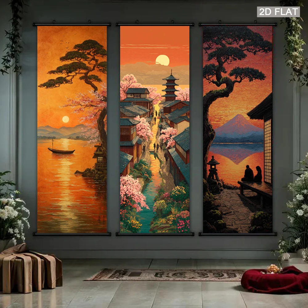 VIKAMA Japanese Sunset Landscape Tapestry, Ancient Town Cherry Blossom Pagoda, Wall Scroll Art, Oriental Home Wall Hanging Decor