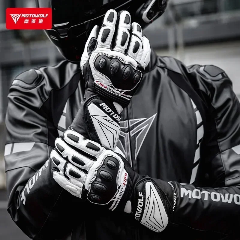 Genuine Leather Windproof Motorcycle Gloves Touch Screen Long Version for Dirt Motocross Racing Gloves Winter Outdoor