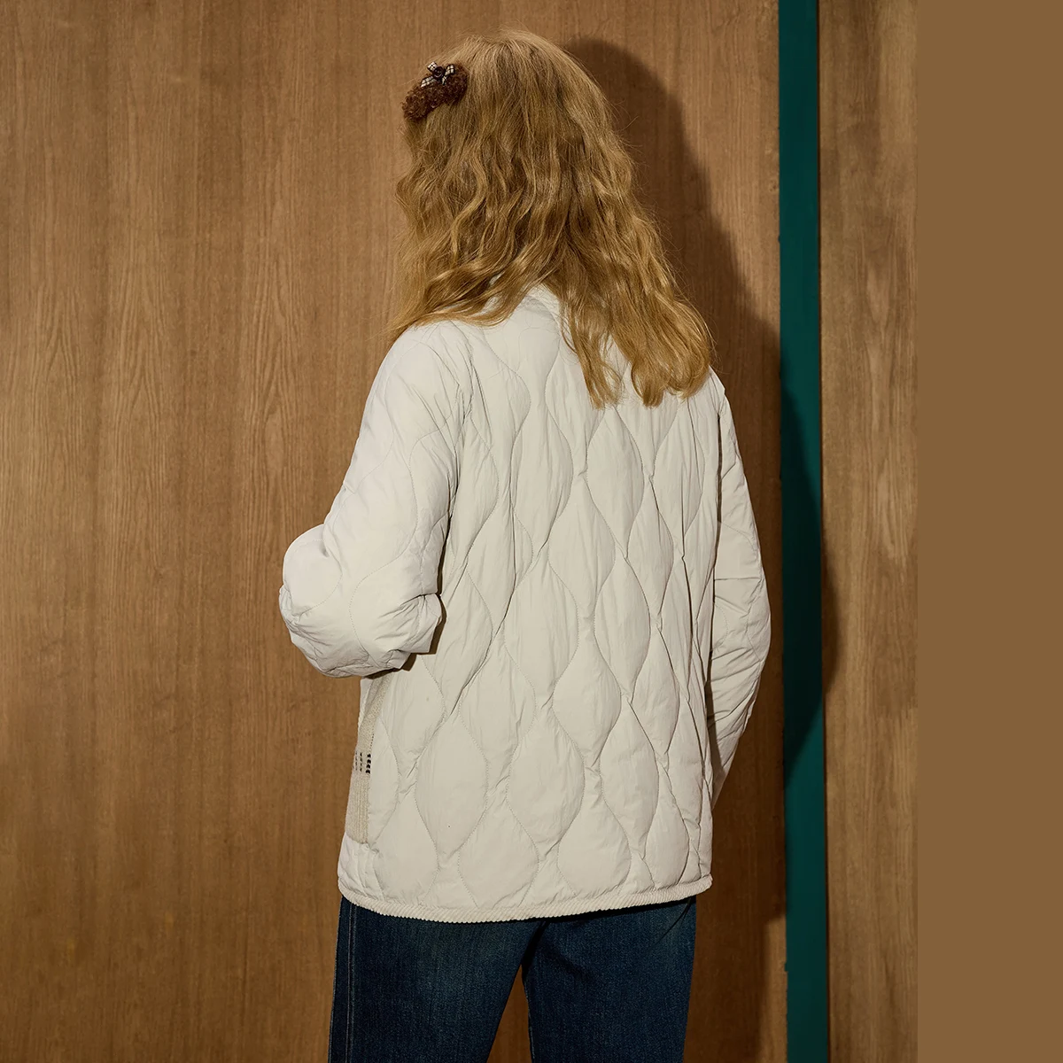 Abrigo acolchado de invierno 90% para mujer, Parka con cuello de mezcla de punto, patrón de rejilla de calabaza, diseño de solapa texturizada, ajuste relajado a medida