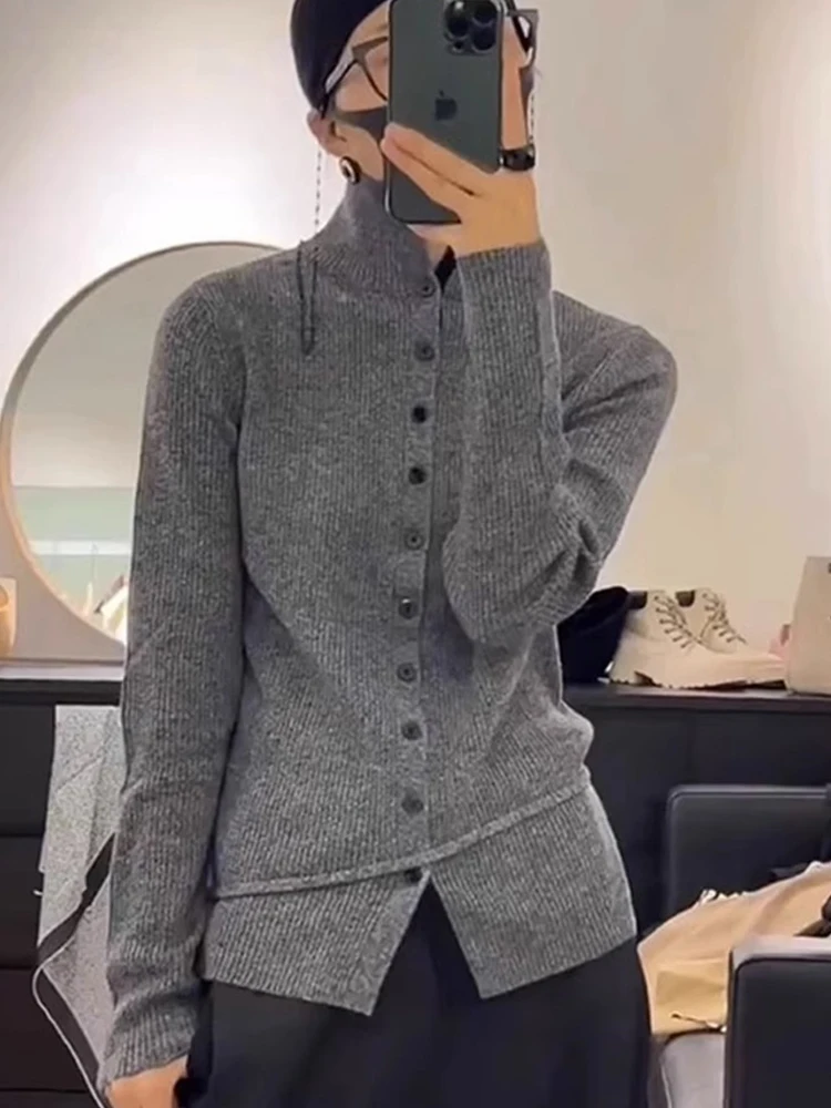 

Sli с высоким воротником и одной пуговицей, топ-камерер, длинный шерстяной топ све, осень-зима, утягивающий модный корейский трикотаж